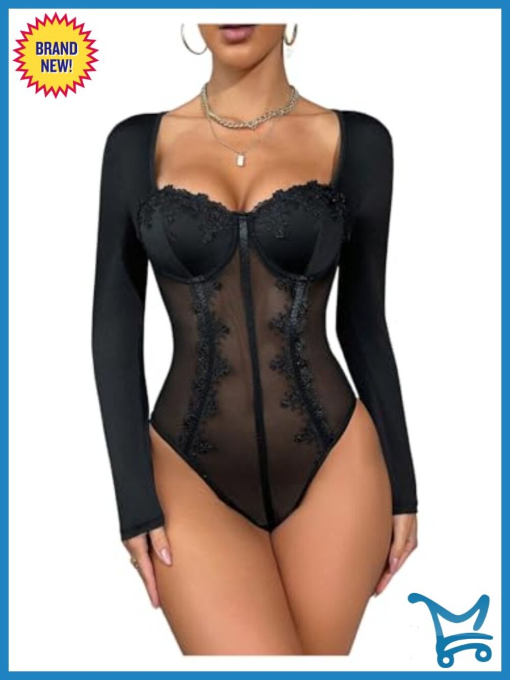 Lace Mesh Long Sleeve Corset Bodysuit Floral Embroidery Going Out Top